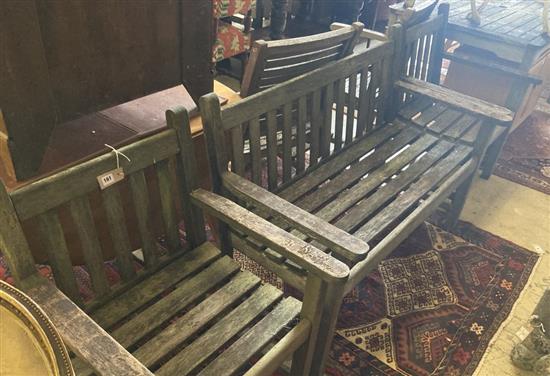 A slatted wood garden bench and two matching chairs, bench 124cm